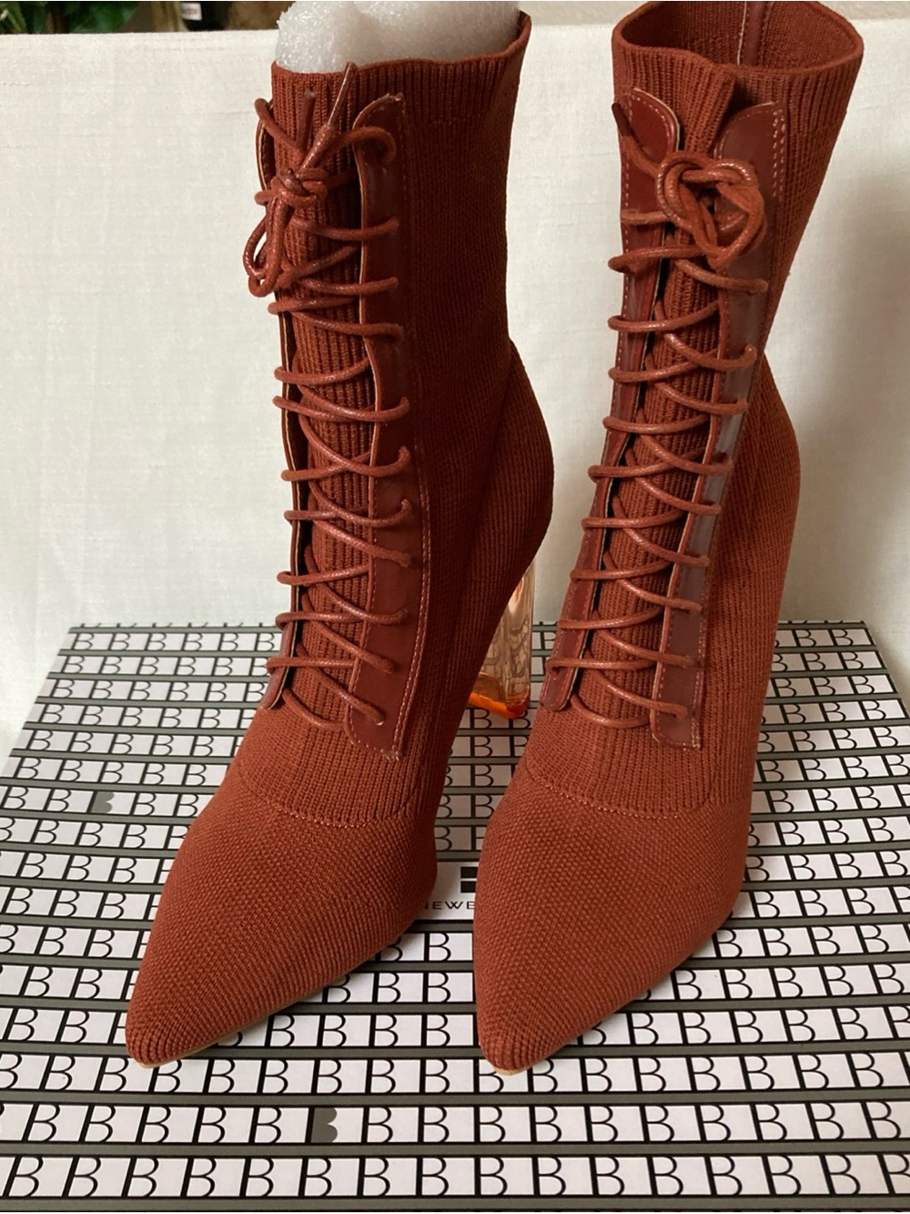Knit Lace-Up Heeled Booties in Rust Brown